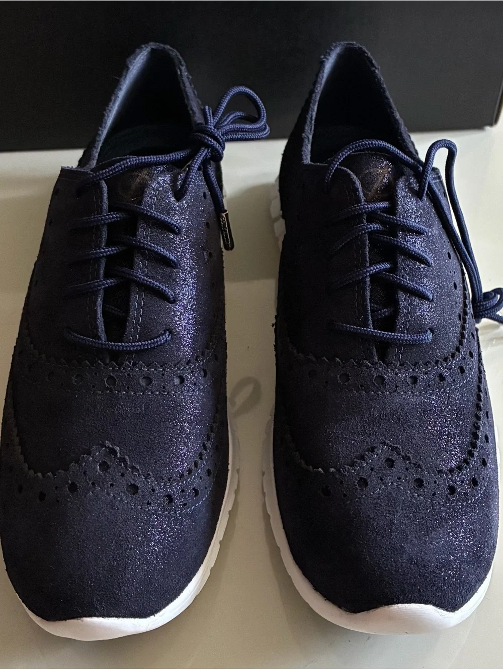 Cole Haan Navy Suede Wingtip Derby with White Sole